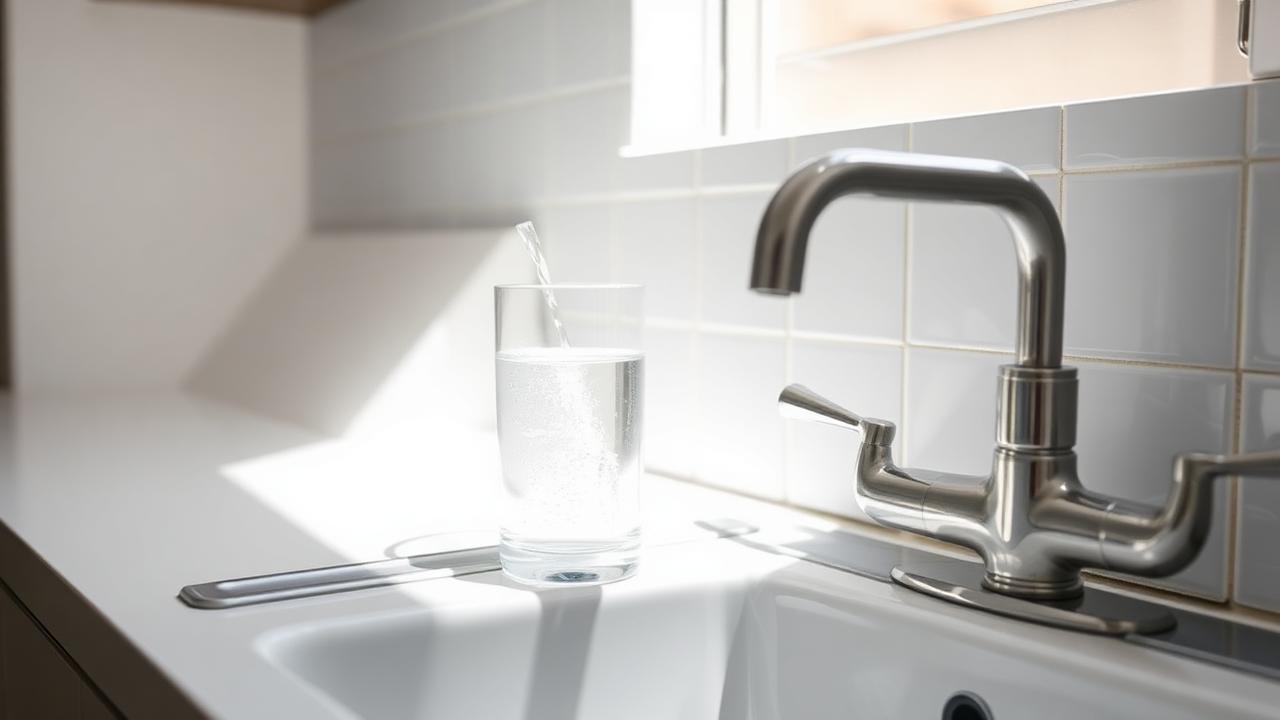 A glass being filled with tap water at a kitchen sink in a Cyprus home