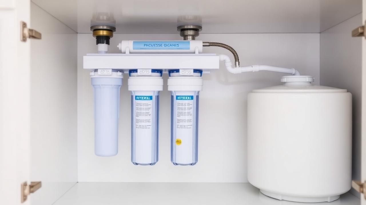 Under-sink reverse osmosis system with pre-filter housings, membrane and storage tank inside a white kitchen cabinet