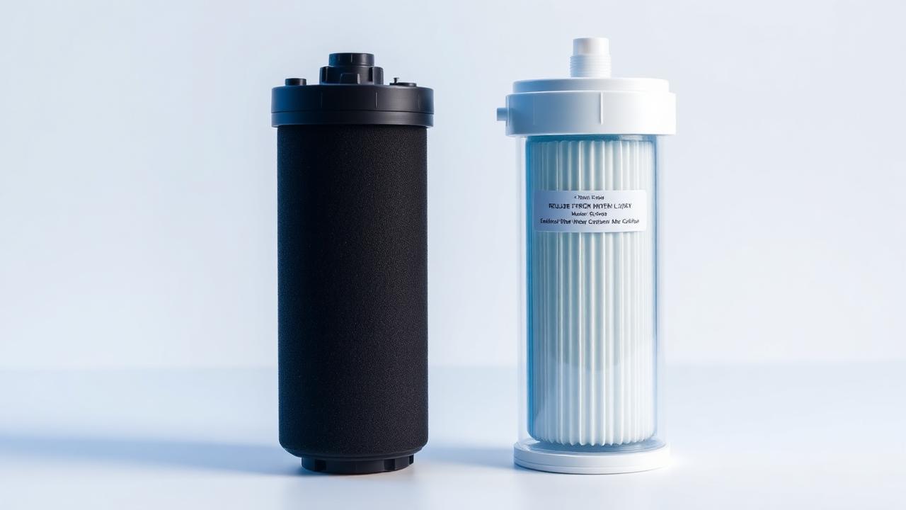 A carbon water filter cartridge shown side by side with a reverse osmosis filter unit on a white background