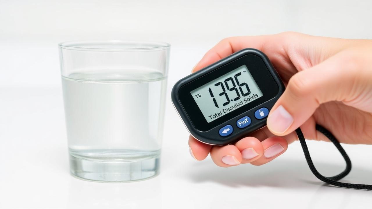 A handheld digital TDS meter displaying a reading next to a glass of clear water