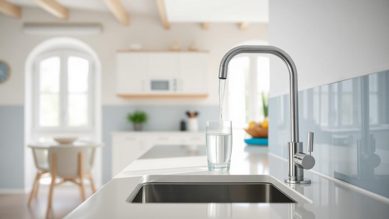 Filtered drinking water pouring from a dedicated kitchen tap into a glass in a bright Cyprus kitchen